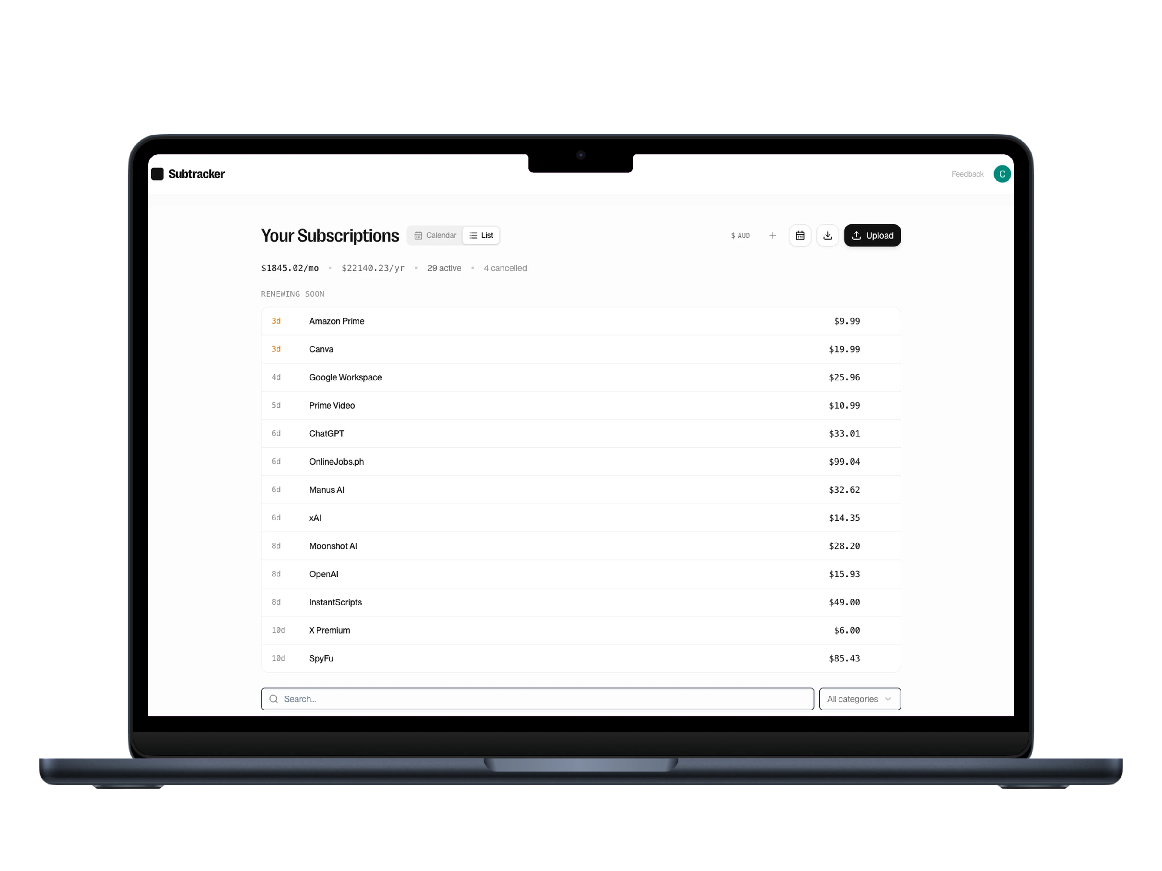 Subscription list view with renewing soon labels and upcoming charges