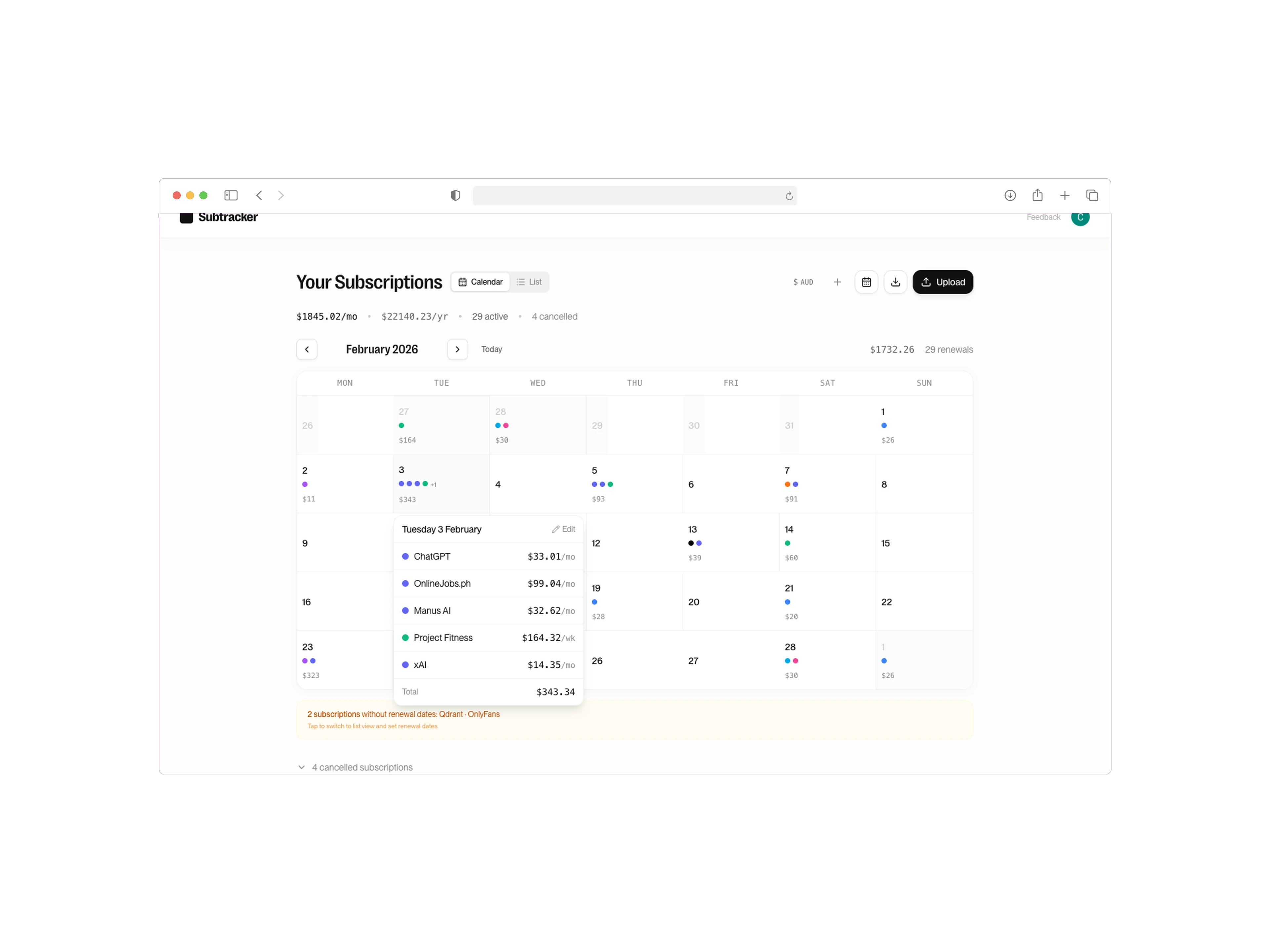 Calendar view showing upcoming renewal dates with day detail popover