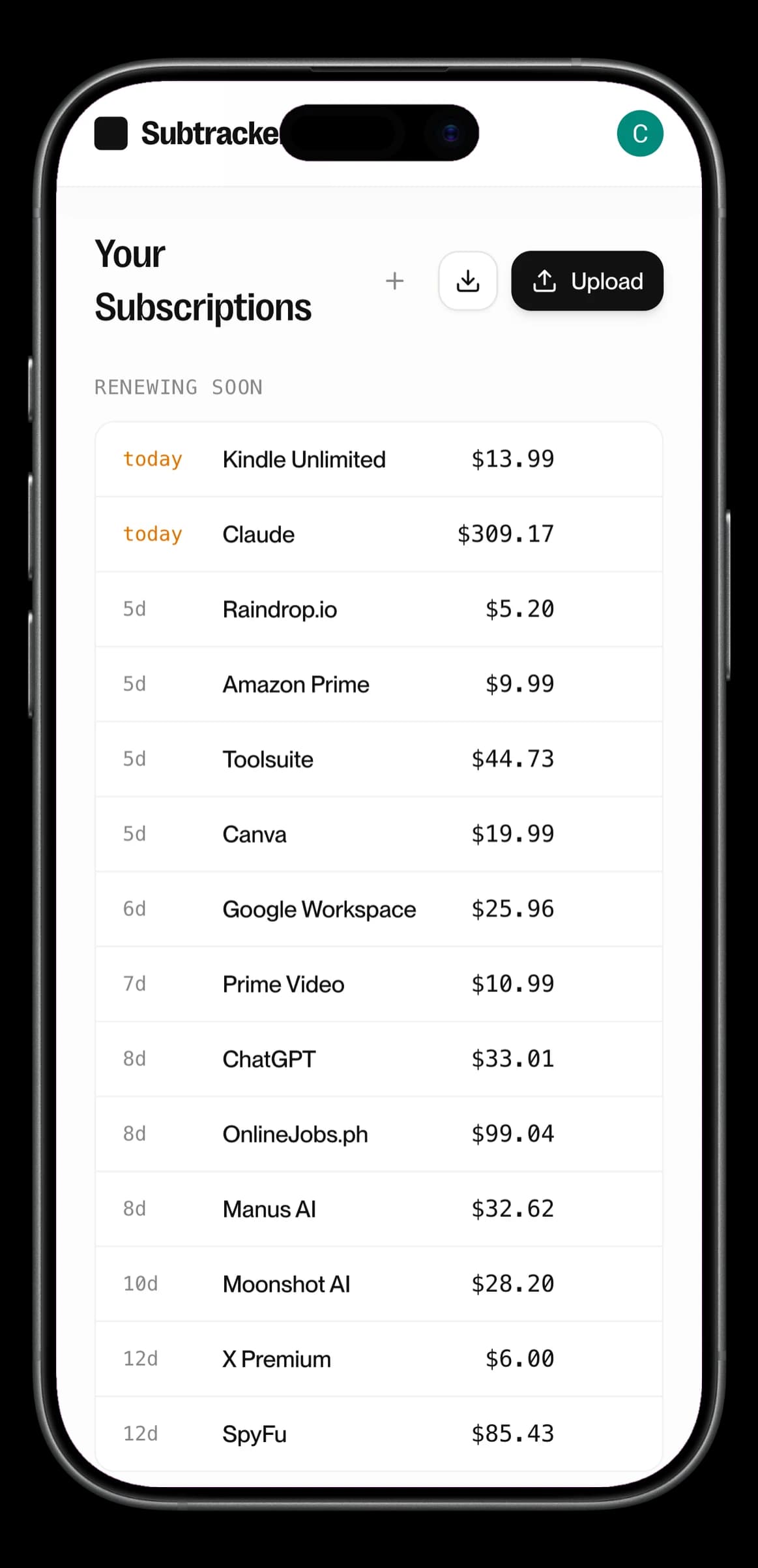 Subtracker mobile list view with subscription tags and amounts