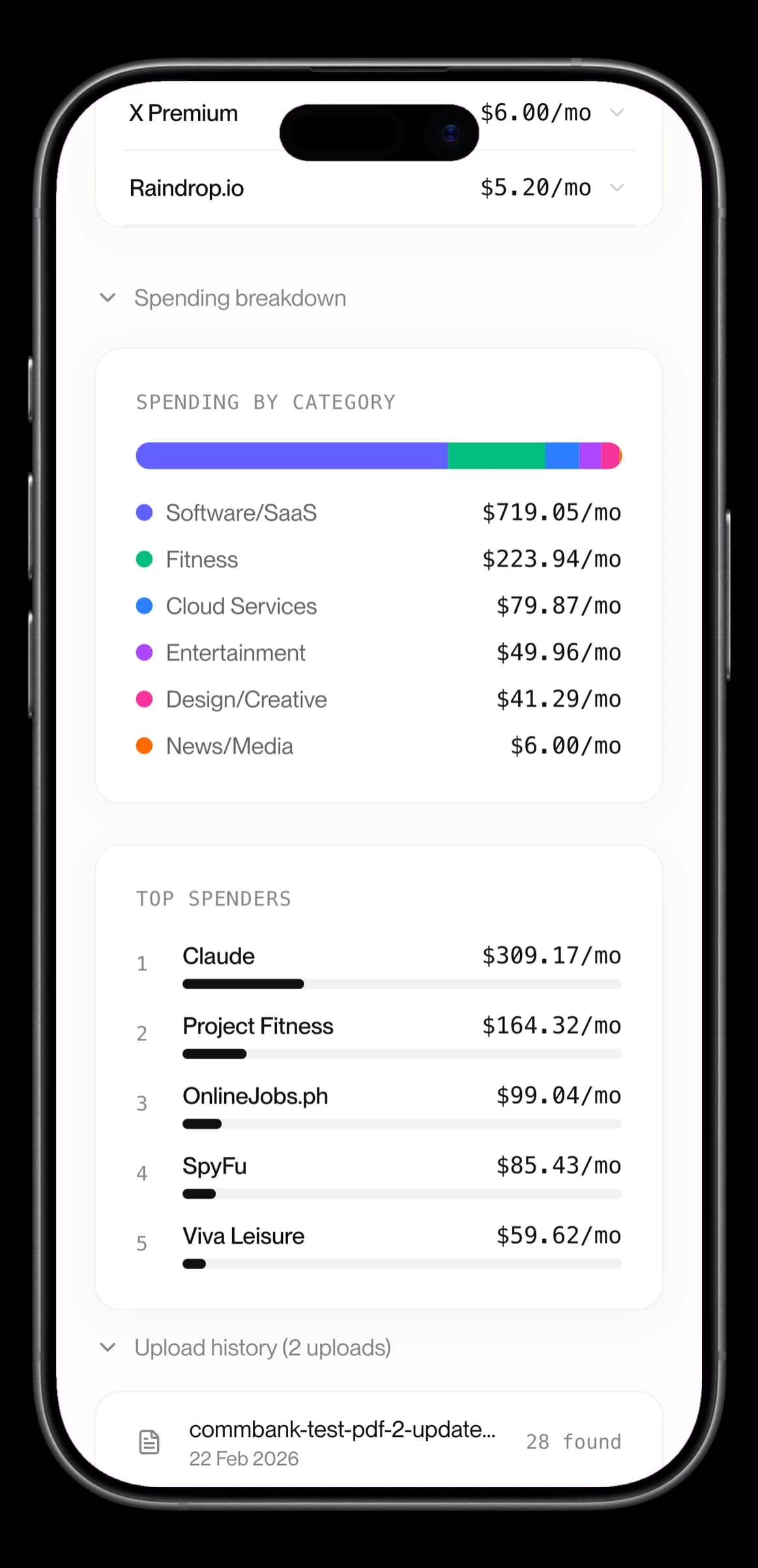 Subtracker mobile spending breakdown by category