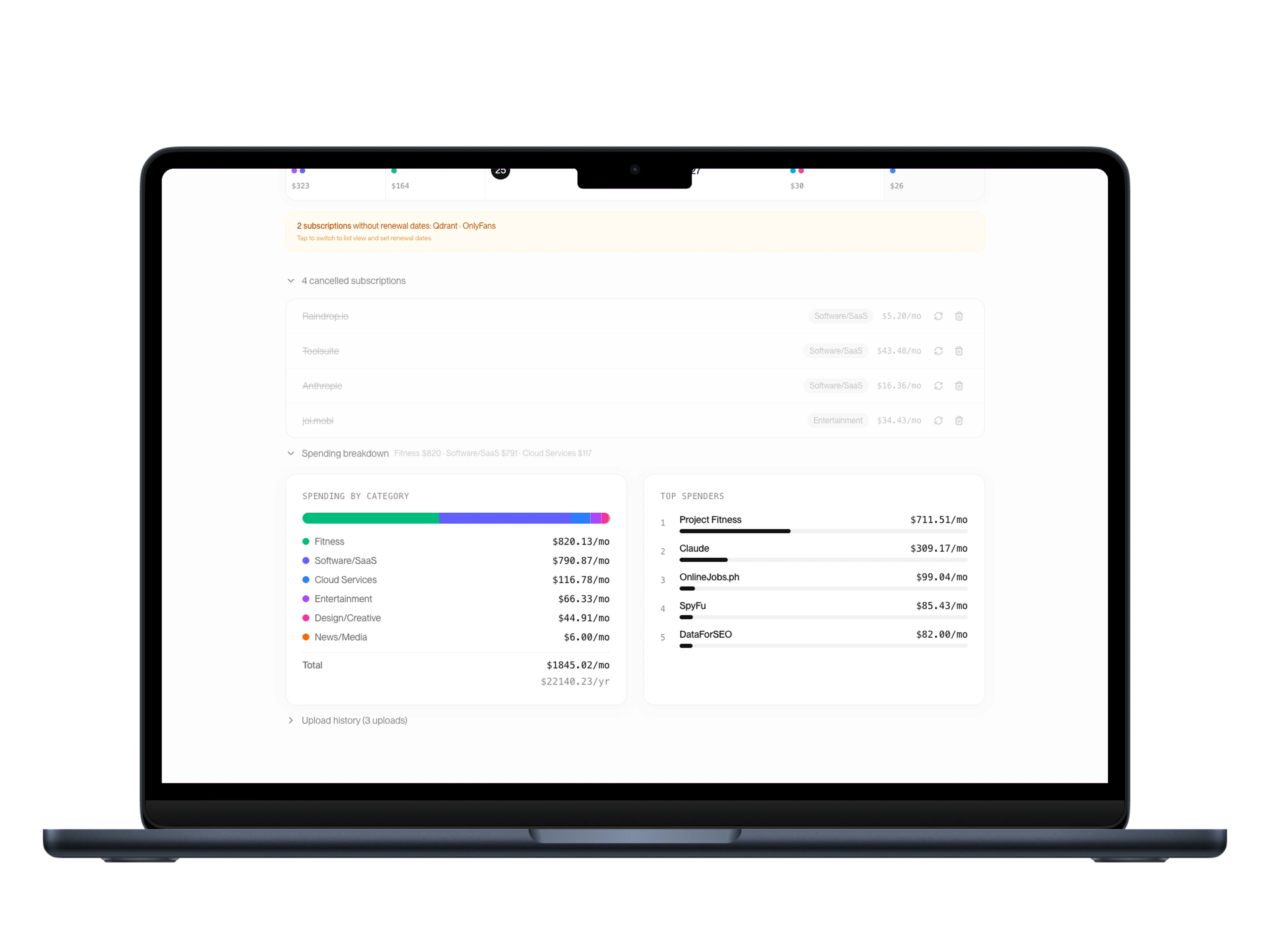 Spending breakdown showing subscription categories and monthly totals