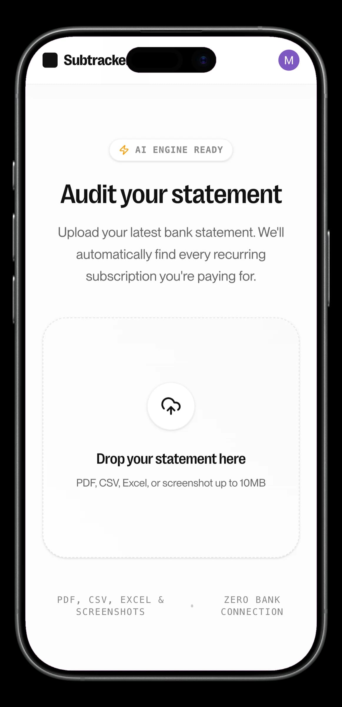 Subtracker mobile upload interface for bank statements