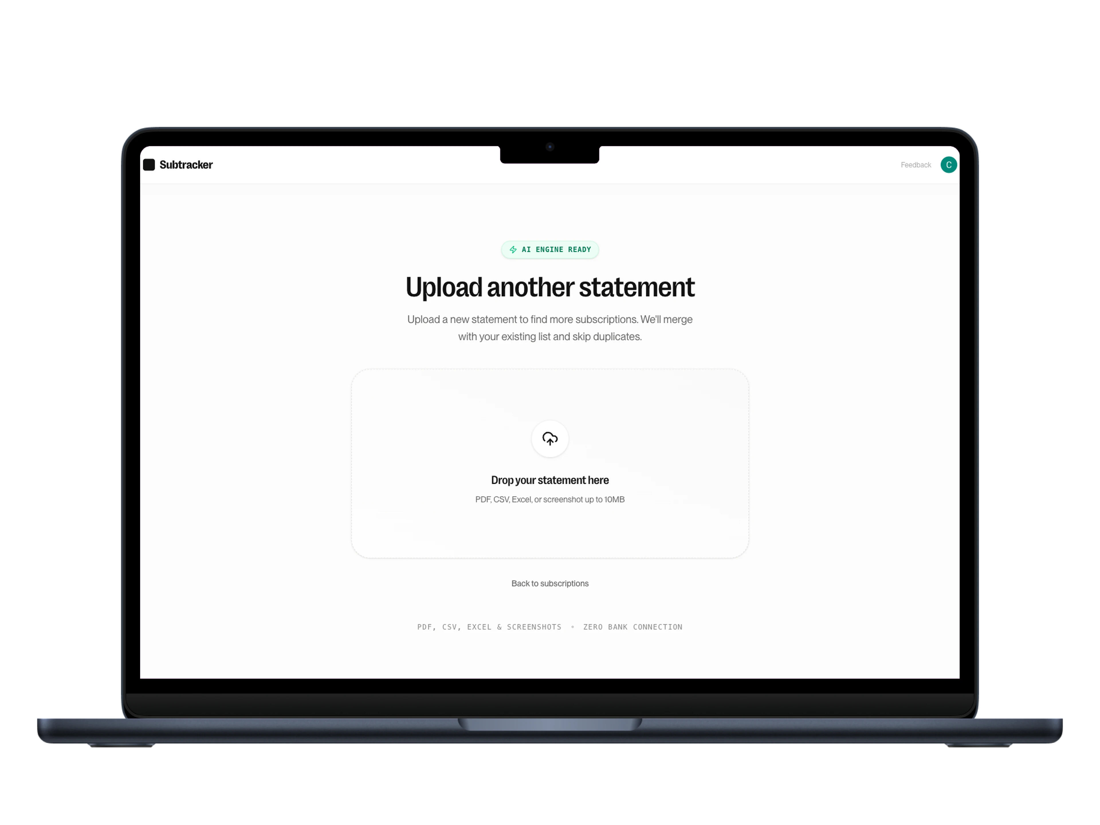 Subtracker upload interface showing drag and drop for bank statement PDF