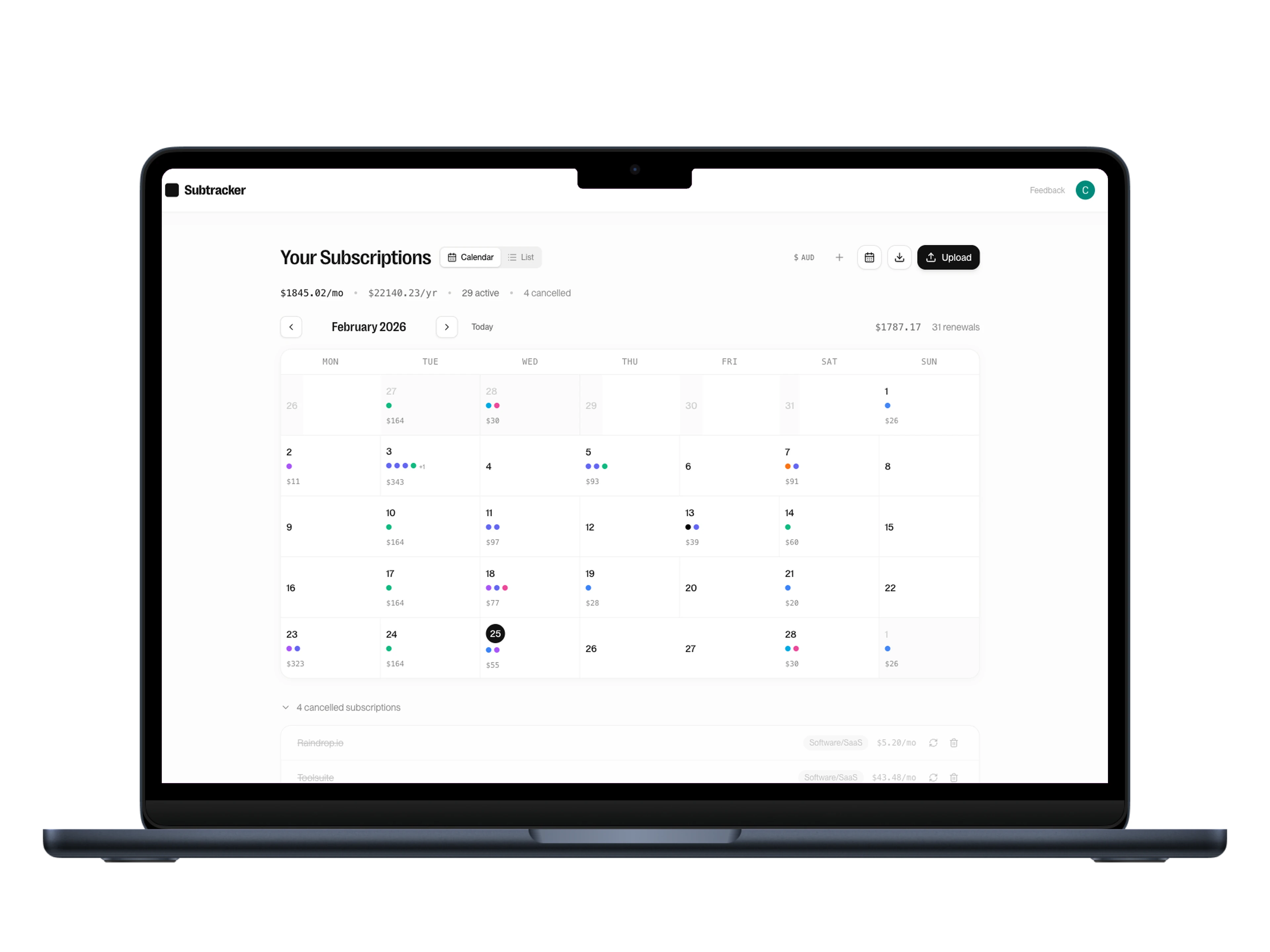 Subtracker dashboard showing subscription calendar with brand-coloured dots, renewal dates and monthly totals
