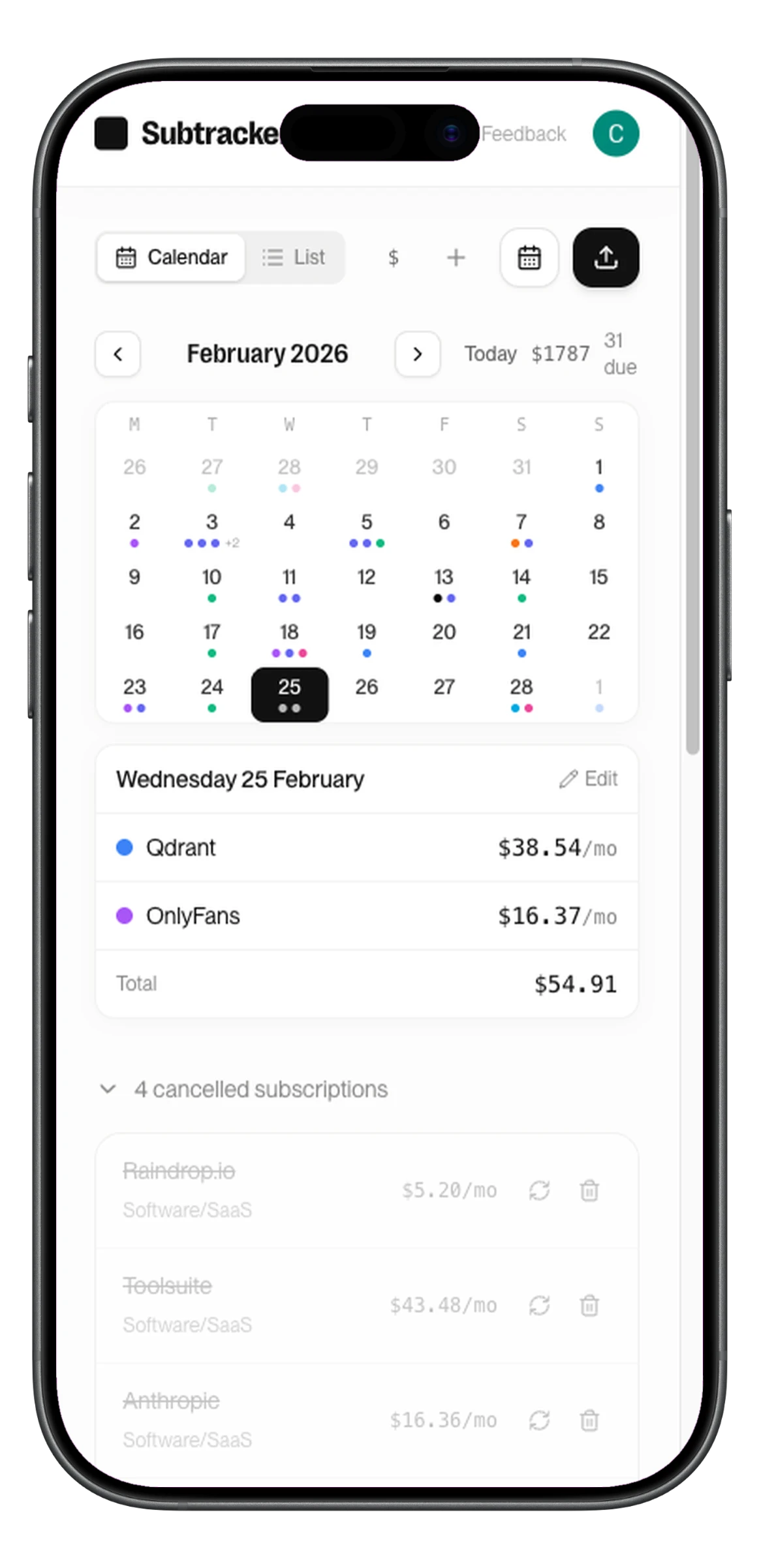 Subtracker mobile app showing subscription calendar with day detail and upcoming charges
