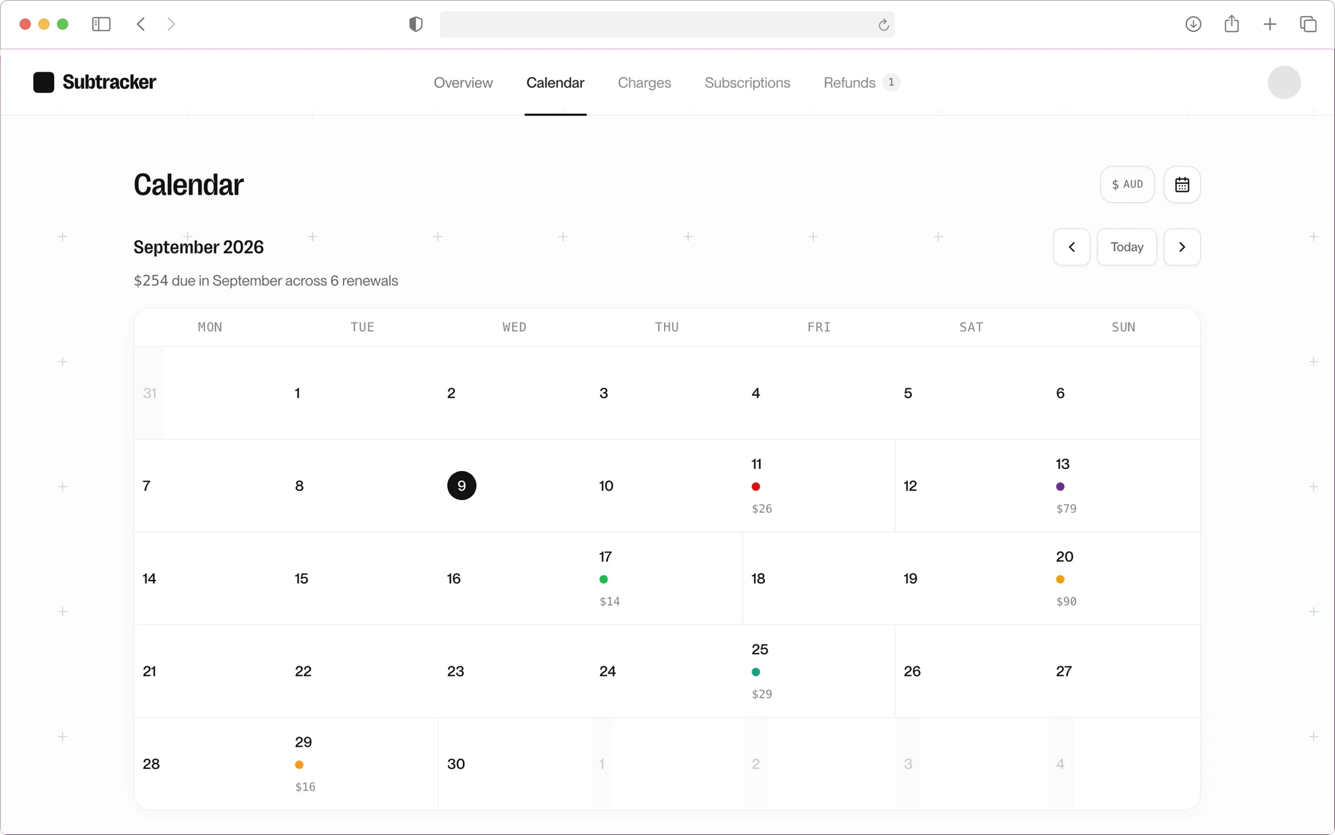 Subtracker calendar view with sample subscription data