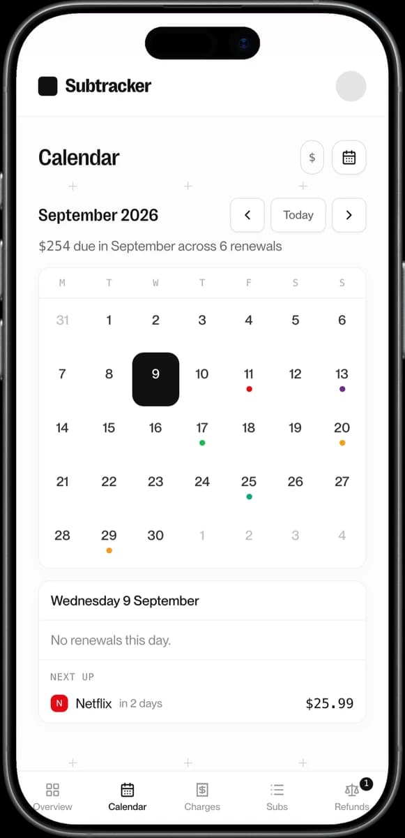 Subtracker calendar view with sample subscription data
