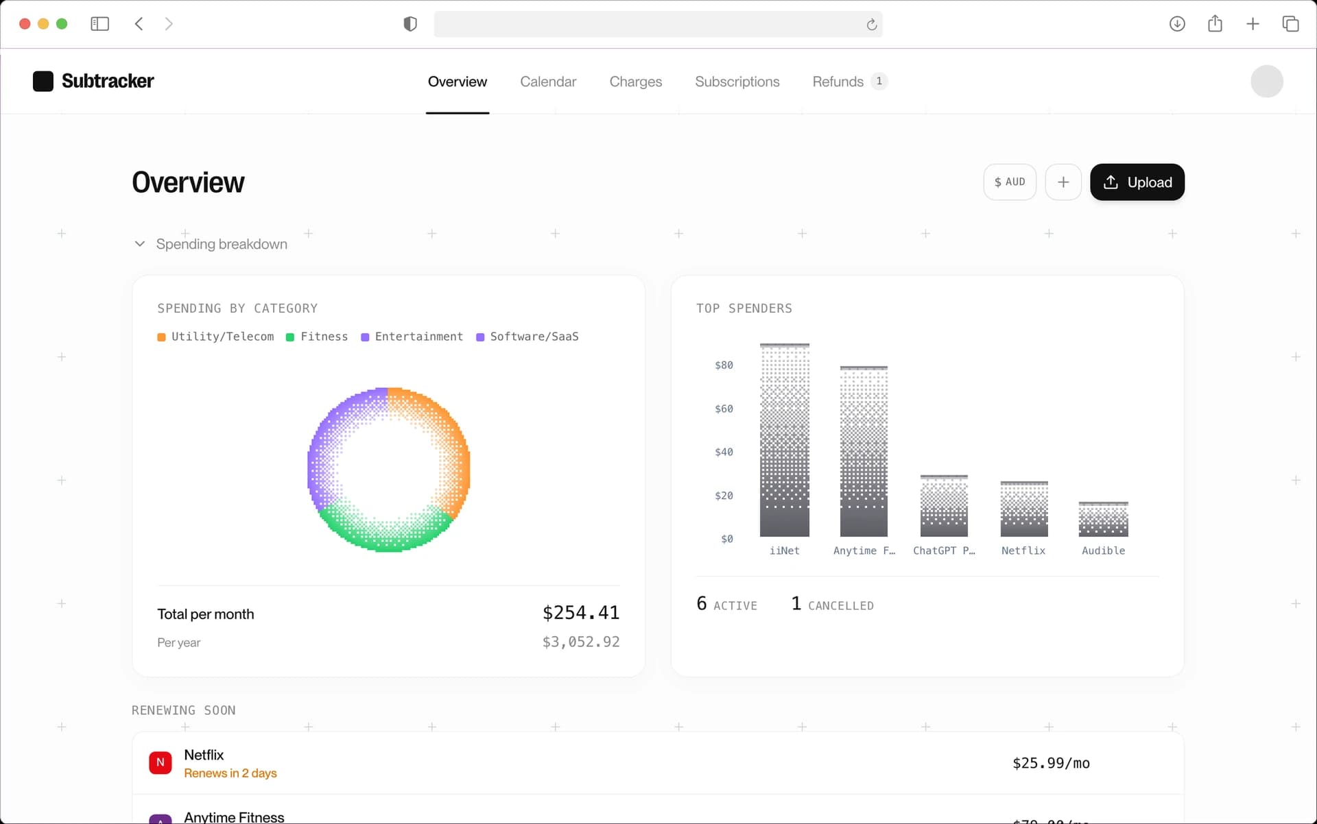 Subtracker overview with sample data. See spending by category and your biggest subscriptions.