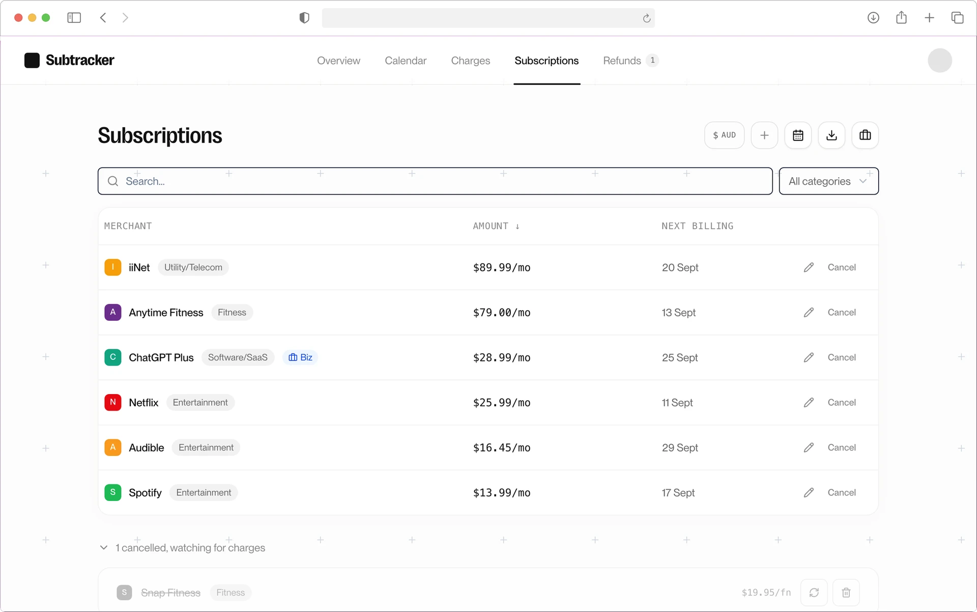 Subtracker subscriptions with sample data. Review subscriptions, organise spending and export your list.