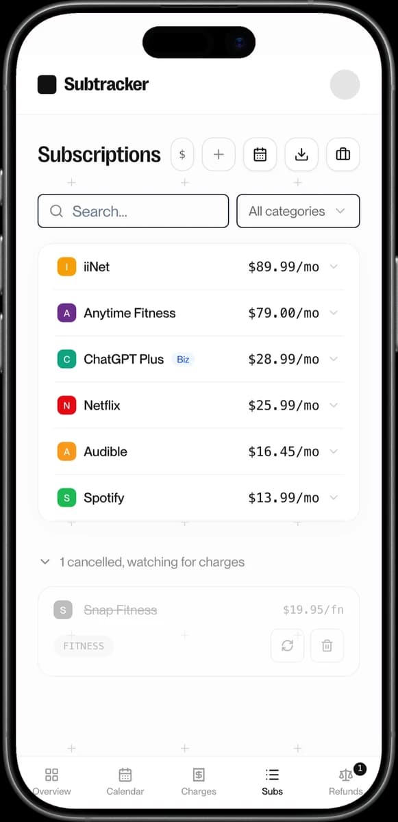 Subtracker subscriptions view with sample subscription data