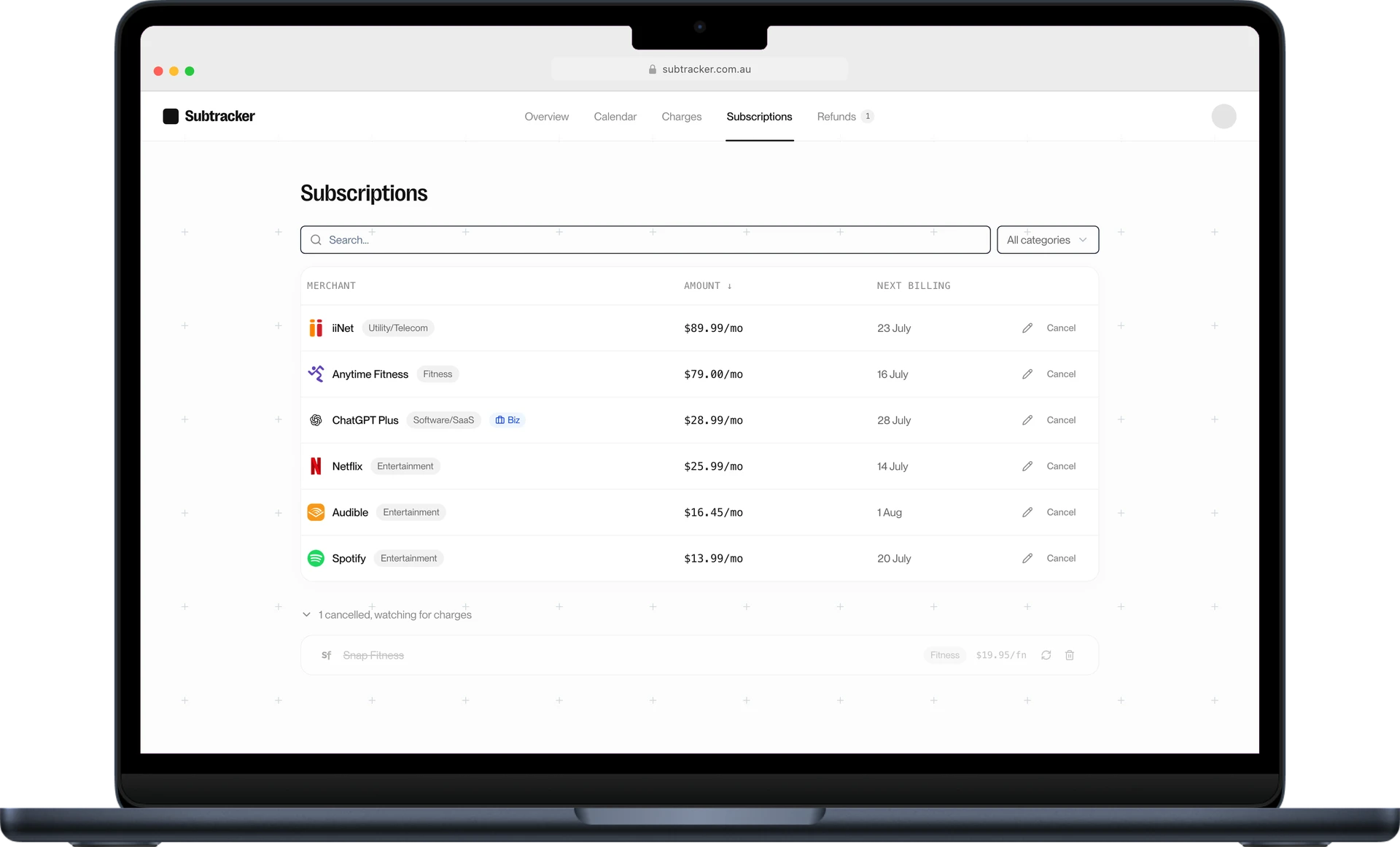 Subtracker subscription list with each charge tagged business or personal, amount and next billing date